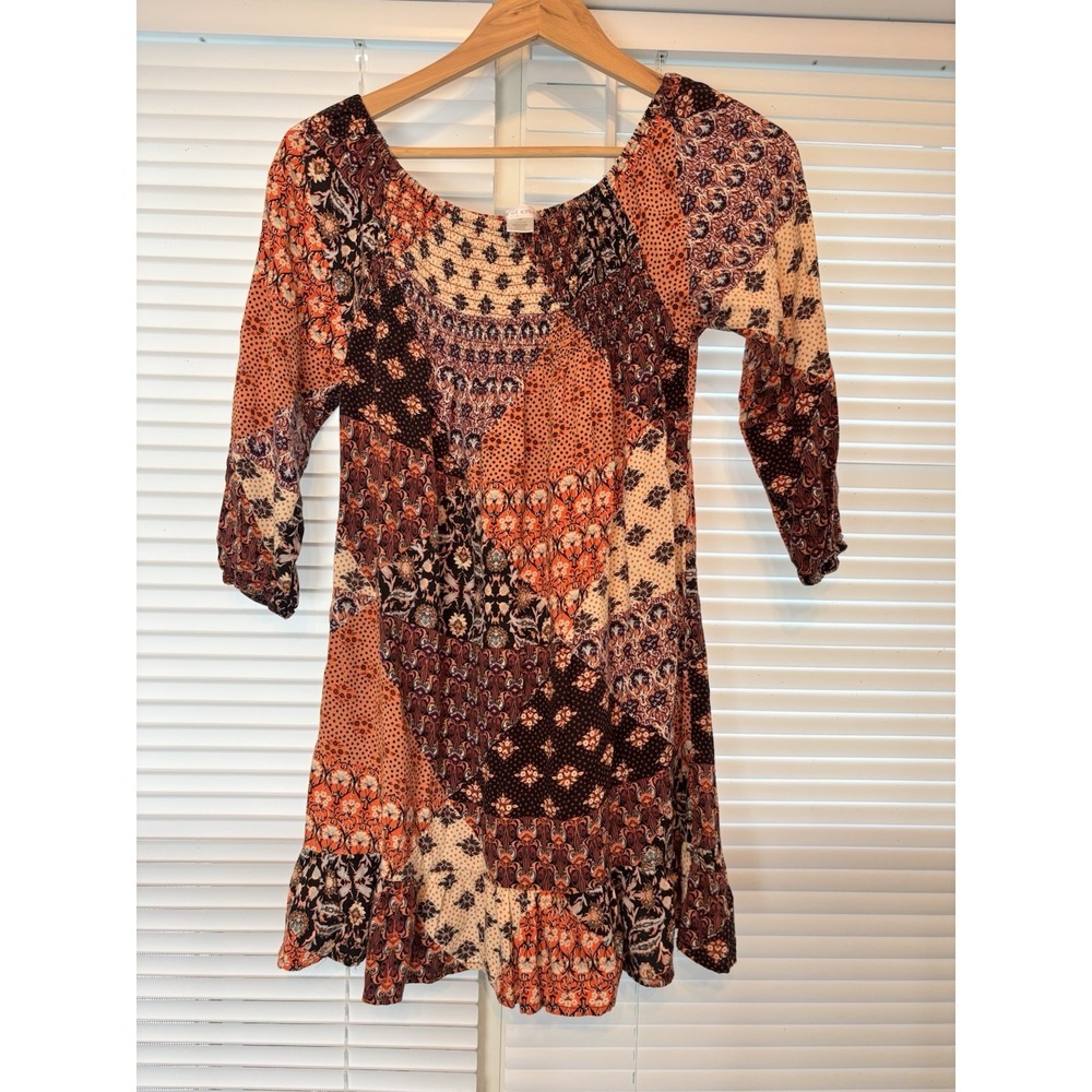 Band Of Gypsies XS Patchwork Minidress Boho Gypsy Stretch Ruffle 3/4 Sleeve